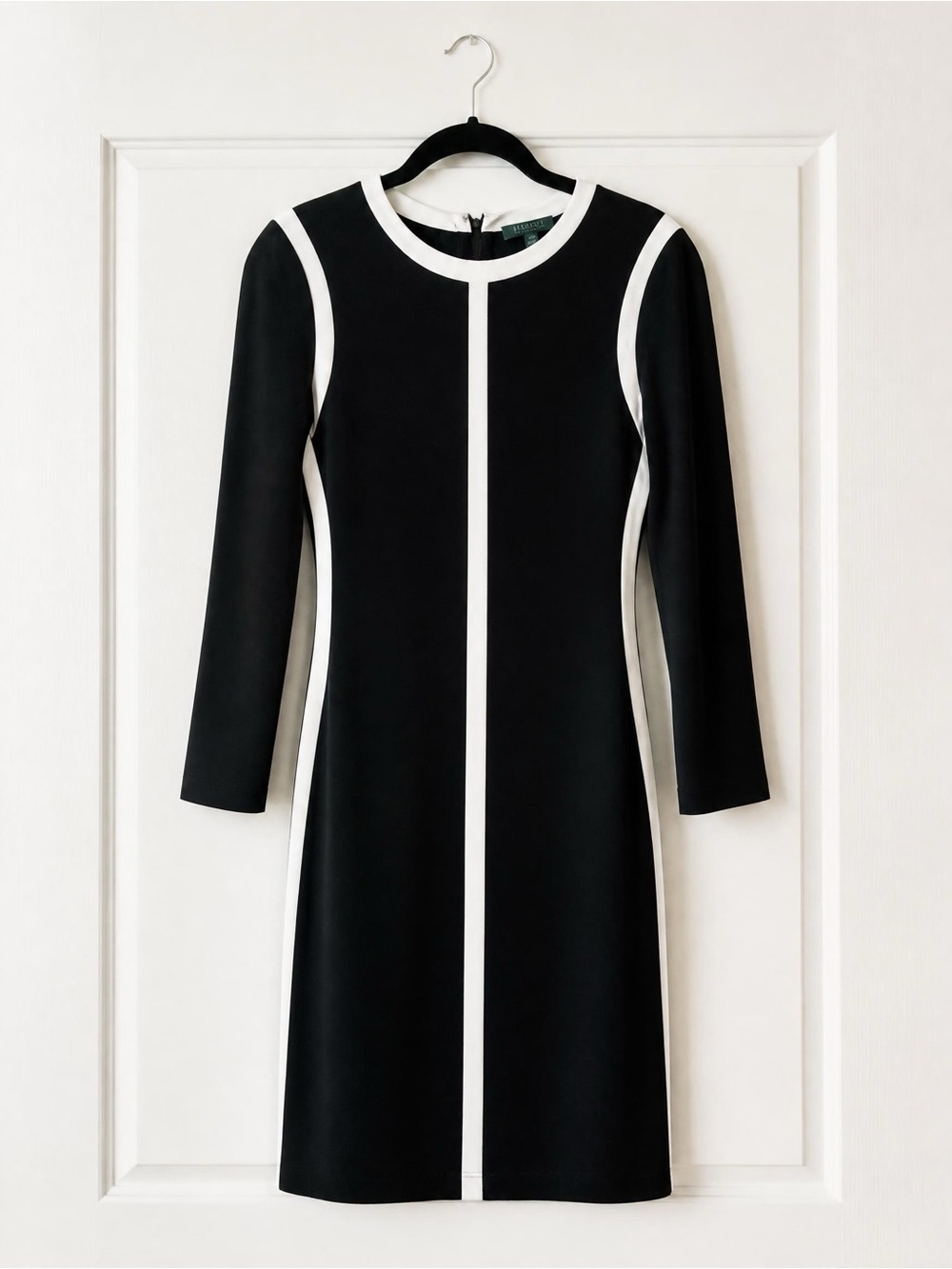 Lauren Ralph Lauren Black Dress with White Piping — Long Sleeve Sheath